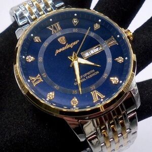 POEDAGAR Men's Quartz Watch Day Date Two-Tone Blue Dial/Crystal Markers, New!